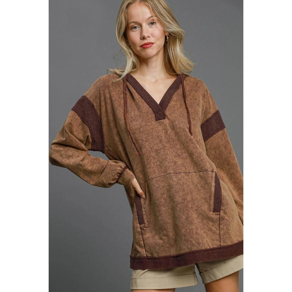 Boho Umgee Brown Mineral Wash Oversized Hooded Pullover V-Neck Sweatshirt M